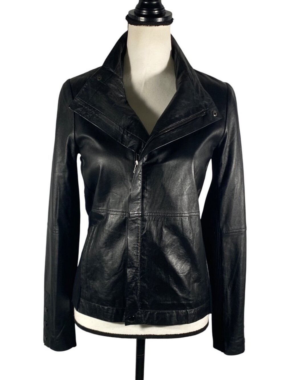 White + Warren Black Leather & Merino wool ribbed knit Jacket fitted Size M